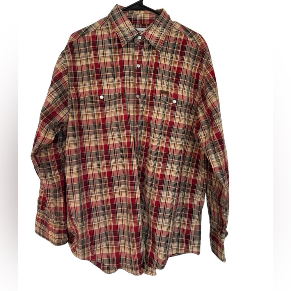 Men’s Carhartt Long Sleeve Shirt. Red, tan, blue plaid pattern. Size Medium